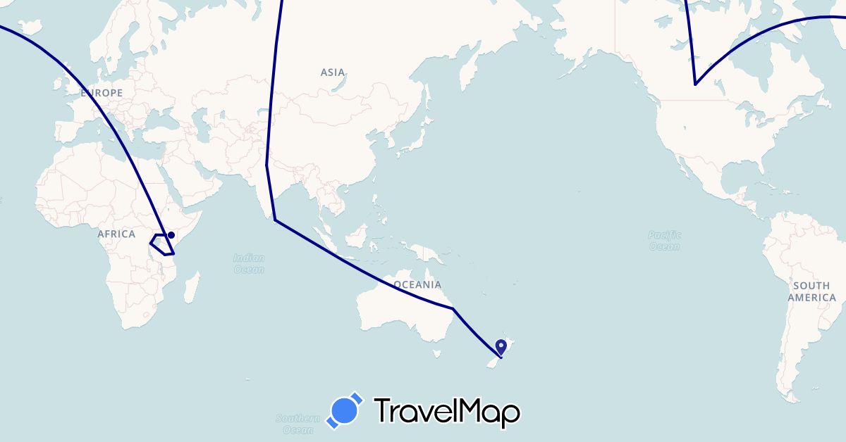 TravelMap itinerary: driving in Australia, Canada, India, Kenya, Sri Lanka, New Zealand, Rwanda, Tanzania, Uganda (Africa, Asia, North America, Oceania)